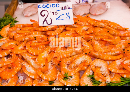 Spanien, Stadt von Valencia, Plaza del Mercado Central Market, gebaut 1926 Fisch Stall, Anzeige der Cocido Garnelen oder shrimps Stockfoto