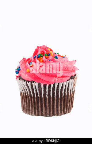 Schokolade Cupcake mit bunter Glasur und Streuseln auf weißem Hintergrund Stockfoto