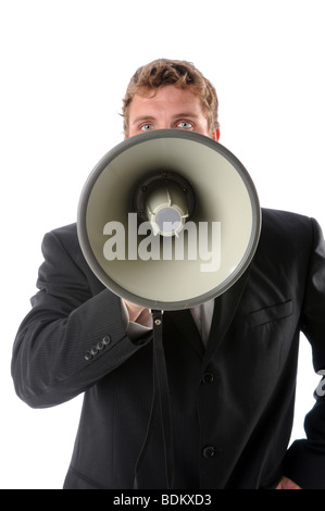 Mann mit einem Megaphon auf einem weißen Hintergrund isoliert Stockfoto