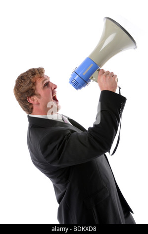 Geschäftsmann schreien in ein Megaphon isoliert auf einem weißen Hintergrund Stockfoto
