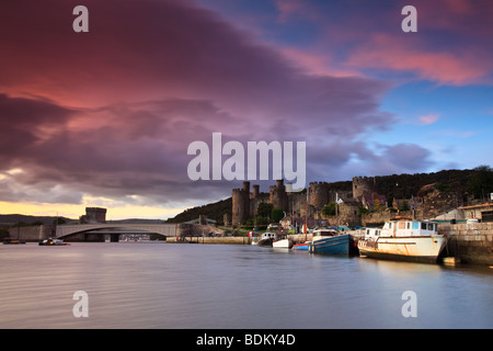 Sonnenaufgang über Conwy Castle in Nordwales. Stockfoto