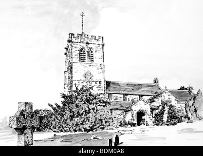 UK, Cheshire, Nether Alderley, St. Mary Parish Church, Bleistift und waschen Zeichnung Stockfoto