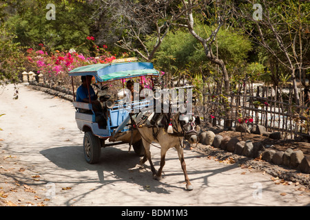 Indonesien, Lombok, Gili Trawangan, Cidomo Pferd angetrieben Taxi an der Beachroad Stockfoto