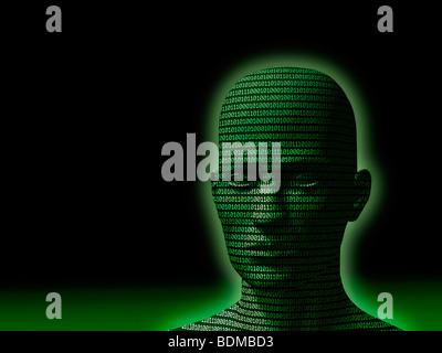 Menschlicher Kopf mit Binär-Code auf schwarzem Hintergrund. Stockfoto