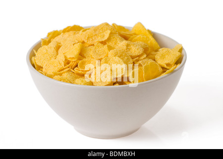 Cornflakes in Schüssel auf weißem Hintergrund Stockfoto