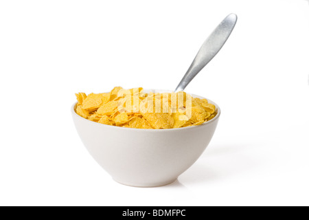 Cornflakes in Schüssel auf weißem Hintergrund Stockfoto