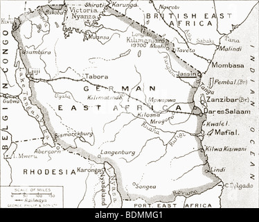 Karte von Deutsch-Ostafrika, Jassin, Schauplatz eines britischen Kampagnen zeigen. Stockfoto