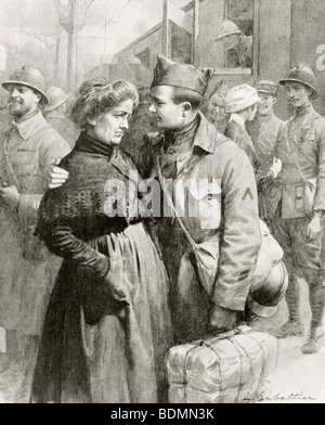 Ein französischer Soldat verabschiedet sich von seiner Mutter, wie er für die Front während des ersten Weltkrieges fährt. Stockfoto