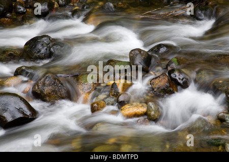 Ein kleiner Fluss oder Bach Rauschen über einem Wasserfall und hell farbigen Felsen Stockfoto