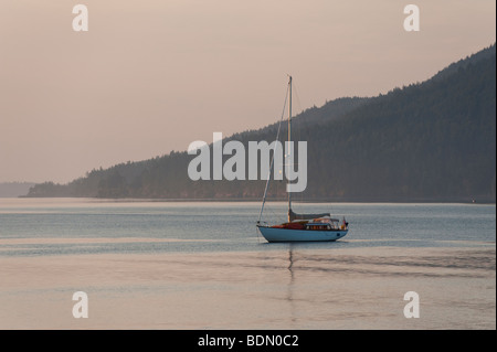 Blick nach Süden vom Fähranleger auf Lummi Island, Washington, Anker ein Segelboot in einer geschützten Bucht an einem Sommermorgen. Stockfoto