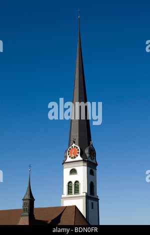 Turm von Malters mit 97,56 Metern der höchste Turm von einer katholischen Kirche in der Schweiz, Malters, Kanton Luzern, Schweiz Stockfoto