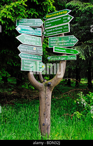 Melden Sie mit Anweisungen für Wanderer, Rennsteig, Thüringer Wald, Thüringen, Deutschland, Europa Stockfoto