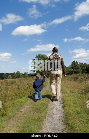 Zu Fuß auf der Heide, Mutter und Sohn, 2 Jahre, hand in hand gehen, Lueneburger Heide, Lueneburg Heath, Niedersachsen, Deutschland, Eu Stockfoto