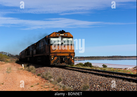 Zug geht auf der Linie in der Nähe von Lake Hart, direkt an der Stuart Highway, South Australia Stockfoto