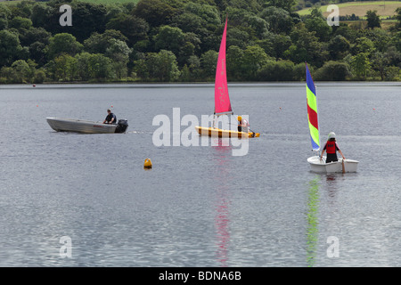 Kinder in Segelbooten auf Castle Semple Loch, Clyde Muirshiel Regional Park, Lochwinnoch, Renfrewshire, Schottland, UK Stockfoto