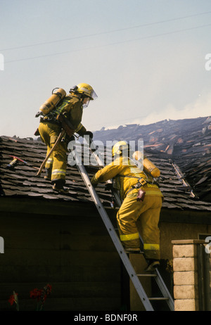 Haus Dachschindel Auto Rauch Flamme Brandgefahr, dass Risiko Maske Helm Sauerstoff Tank Schlauch Spray löschte Feuerwehrmann kämpfen zu löschen Stockfoto