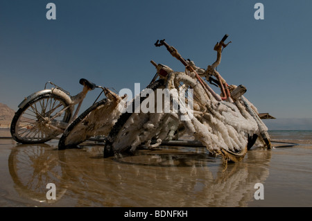 Vergessen Fahrräder mit halit Salz aus dem Toten Meer an der Küste von Ein Gedi Israel verdunstet Stockfoto