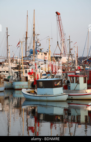 Abendstimmung in Gilleleje Hafen im Norden der Insel Seeland in Dänemark. Reflexionen der Boote im Wasser. Stockfoto