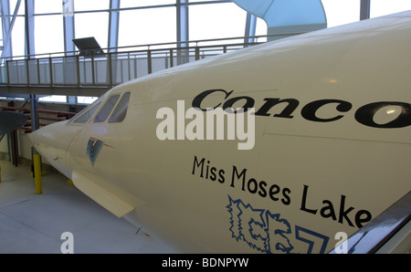 Mit der Miss Moses Lake Text, diese enge bis Aspekt der Nase Abschnitt des BAC/Aerospatiale Concorde 101 Prototyp, Duxford. Stockfoto