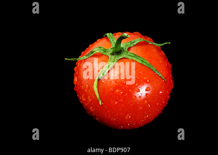 Rote reife Tomate bedeckt Wassertropfen isoliert auf schwarz Stockfoto
