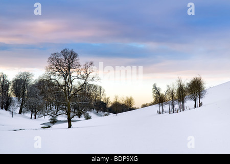 Sonnenuntergang, schneebedeckten Szene von sanften Hügeln und Bäumen entnommen Cotswold Way in der Nähe von Old Sodbury im Winter Stockfoto