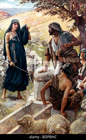 Illustration von Jacob, der Shepherd Rachel am Brunnen von Haran trifft, gemalt von Harold Copping Stockfoto