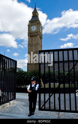 Ein Metropolitan Police Constable im Dienst an den Eingangstoren zu den Houses of Parliament in London. Stockfoto