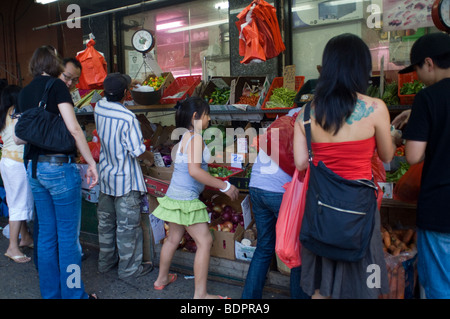 Menschen-Shop für frische Lebensmittel in Chinatown in New York am Sonntag, 30. August 2009. (© Frances M. Roberts) Stockfoto