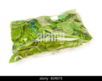 Baby Spinat einzelne Blätter Salat Koch Kochen grüne Greenfood Essen Pack Kunststoff Folie Film Spinatsch Gemüse vegetarisches frisch verpackt Stockfoto