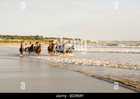 Eine Reitschule geht nach einer Kerbe am Strand und in der Brandung. Fahrer sind alle unterschiedlichen Alters und Könnens. Stockfoto