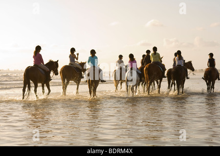 Eine Reitschule geht nach einer Kerbe am Strand und in der Brandung. Fahrer sind alle unterschiedlichen Alters und Könnens. Stockfoto