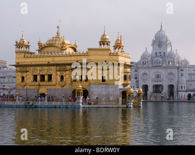 Wasser der Sarovar (Wassertank) & mit Uhrturm hinter den Golden Tempel (Sri Harmandir Sahib). Amritsar. Punjab. Indien. Stockfoto