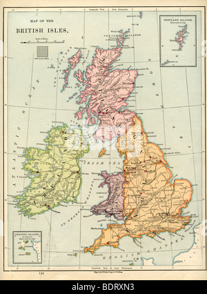 Original alte Karte der britischen Inseln aus 1875 Geographie Lehrbuch Stockfoto