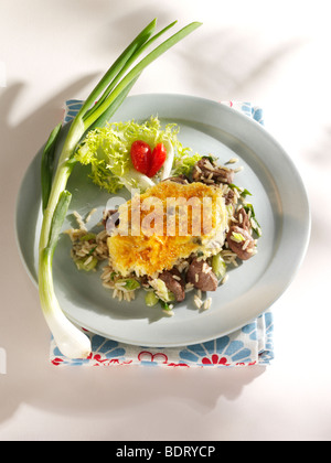Reis Auflauf mit Hühnerleber und über Käse, Salat und eine Frühlingszwiebel gebacken Stockfoto