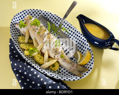 Zander mit Spargel, Kartoffeln, Zitrone, Petersilie und Riesling-Sauce in einer Sauciere blau gepunkteten Serviette Stockfoto