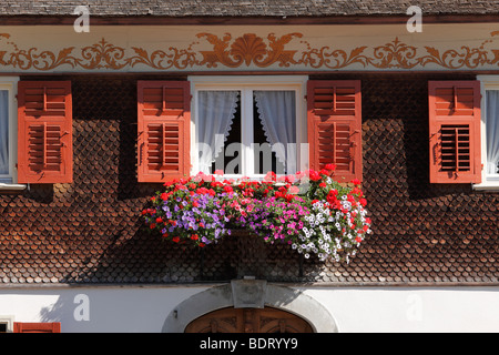 Fenster mit Blumen, Bregenzerwald Haus, Schwarzenberg, Bregenzer Wald, Bregenzerwald, Vorarlberg, Austria, Europe Stockfoto