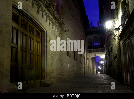 Die Brücke über die Carrer del Bisbe im gotischen Viertel von Barcelona, Spanien. Stockfoto