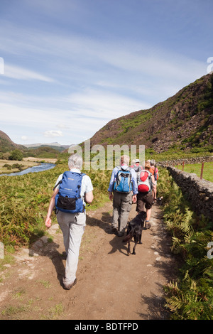 Bethania Gwynedd Nord Wales UK-Gruppe der Wanderer zu Fuß auf Weg am See Llyn Dinas in Snowdonia-Nationalpark Stockfoto