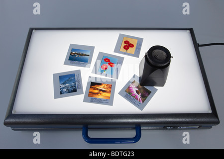 Mittelformat-Diapositive und Lupe Lupe Hintergrundbeleuchtung auf einer beleuchteten lightbox Stockfoto