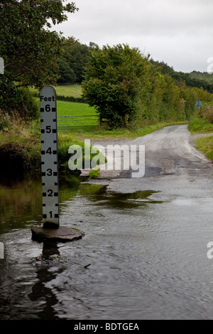 Flut Wasser Marker im Quinney Bach in der Nähe von Strefford, Craven Arms, Shropshire, England Stockfoto