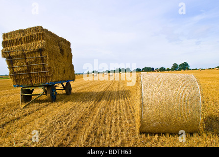 Ballen Stroh auf einem Wagen warten Sammlung, East Yorkshire Stockfoto