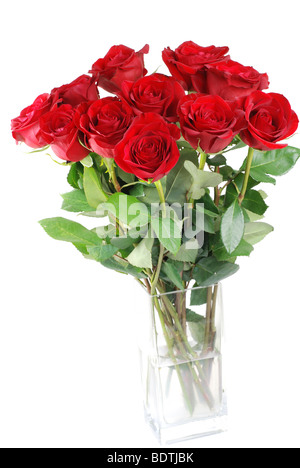 Rote Rosen in einer Glasvase, isoliert Stockfoto