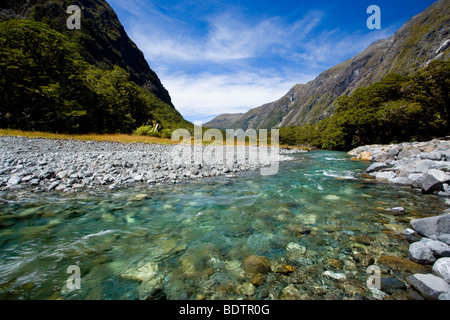 Berglandschaft, Hollyford River, Fjordland-Nationalpark, Südinsel, Neuseeland Stockfoto