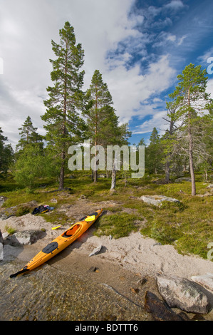 Kajak bin siehe Rogen, Naturreservat Rogen, Haerjedalen, Schweden, Kajak am See Rogen, Naturschutzgebiet, Schweden Stockfoto