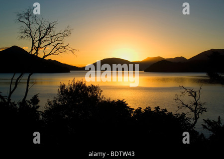 Kenepuru Sound, Untergang der Sonne über die Buchten und Inseln der Kenepuru Sound, Marlborough Sounds, Südinsel, Neuseeland Stockfoto