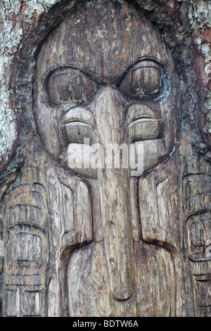 Tlingit-Indianer - (Hinweis-werkübergreifender des Rabenclan) / Tlingit - (The Raven Clan Territorium) / Yeil Stockfoto