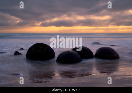 Moeraki Boulders, massive sphärische Felsen im Morgengrauen, umgeben vom Wasser der eingehende Flut, Coastal Otago, Südinsel, Neuseeland Stockfoto