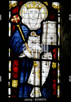 Buntglasfenster, das William Bucknall zugeschrieben wird und St. Madryn (oder Matriana, St. Matriana's Church, Tintagel Church, Cornwall) darstellt Stockfoto