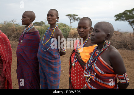 Kenia-Masai Frauen immer bereit, bei den Massai-Dorf in den Amboseli National Park tanzen. Foto: Sean Sprague 2007 Stockfoto