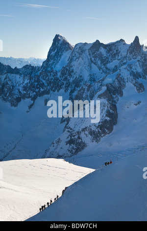 Skifahrer, Vallee Blanche anständige, Aiguille du Midi, Chamonix-Mont-Blanc, Haute-Savoie, Französische Alpen, Frankreich Stockfoto